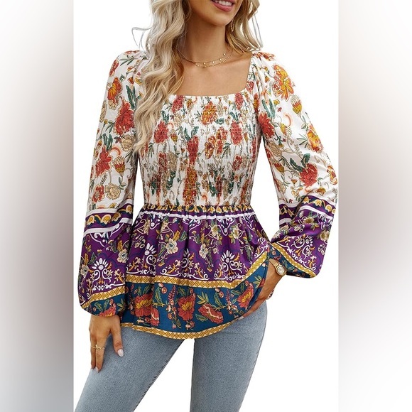 Toasatisfine Women's 🌸Boho🌸 V Neck Top Loose Floral Printed Shirts Blouses - L - Picture 1 of 14